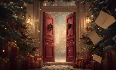 Christmas advent calendar door opening to reveal a message. Realistic vector illustration.
