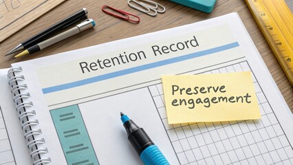 Detailed Retention Record Notebook with Colorful Stationery, Highlighter, and Paper Clips on a Wooden Desk Surface