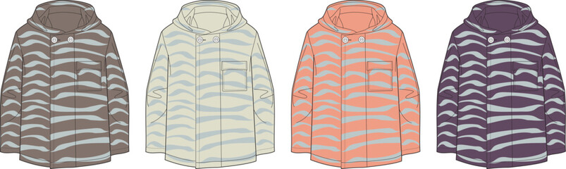 Collection of women's anorak jackets with an abstract wavy stripe pattern. Technical flat drawing templates in multiple colorways for fashion mockups and apparel design