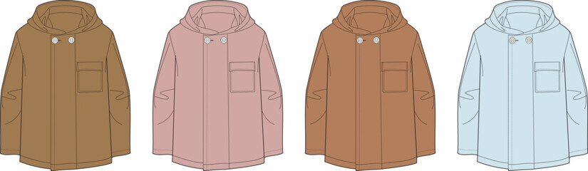 Four distinct illustrated jackets in brown, pink, tan, and light blue, each with a hood and pocket