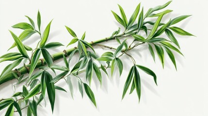 Obraz premium Bamboo branch with green leaves against a white background for design