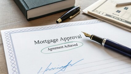 Document showing mortgage approval with a fountain pen and bank notes on a wooden table emphasizing financial agreement
