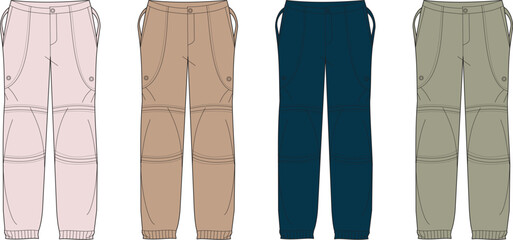 Collection of Technical Flat Sketches for Women's Convertible Cargo Pants in Various Earth Tones and Pink, Showcasing Versatile Outdoor Apparel Design