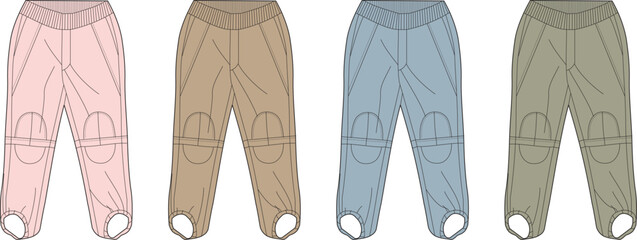 Vector illustration of women's stirrup pants in various colors. Comfortable athletic or casual trousers with an elastic foot strap design