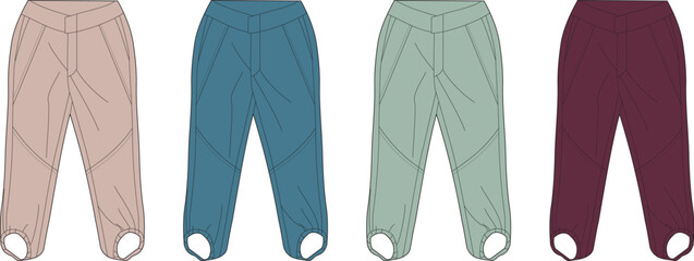 Collection of four different colored stirrup pants, showcasing a variety of fashionable apparel options for any wardrobe