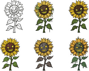 Creepy zombie sunflower evolution stages, spooky Halloween flower transformation illustration, horror undead plant with evil face, scary botanical vector art for design projects