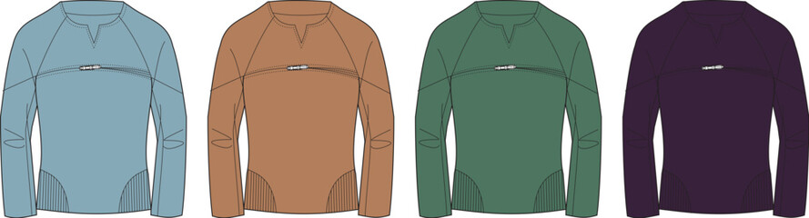 Four versatile long-sleeve athletic shirts in distinct colors, perfect for sports, outdoor activities, and everyday comfort, featuring a practical quarter-zip design