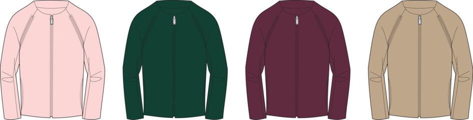 Various colors of a lightweight bomber jacket with a zipper closure, presented in a flat illustration style