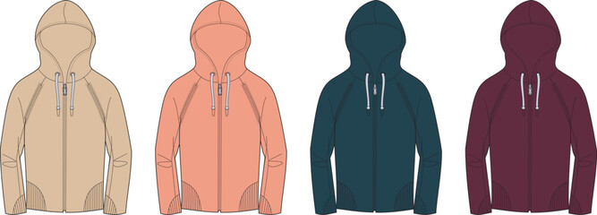 Four hooded sweatshirts in different colors and designs, each presented as a flat lay fashion illustration