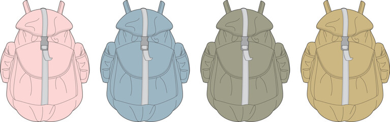Collection of vector flat sketch backpacks in assorted pastel colors, featuring a unisex design with front pockets and hooded tops, ideal for fashion design and apparel concept development
