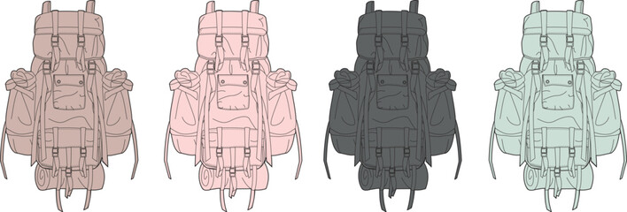 Illustrative set of adventure backpacks in soft pastel and earthy tones, ideal for hiking, camping, and travel, showcasing diverse outdoor gear designs