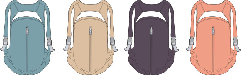 A collection of minimalist backpack designs in four different muted colors. Vector illustration of stylish rucksacks for travel, school, or daily use