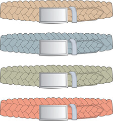 Set of four colorful woven braided belts with rectangular buckles. A versatile fashion accessory and wardrobe essential shown in a vector illustration