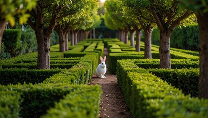 A fluffy white bunny explores a whimsical maze crafted from lush green shrubs