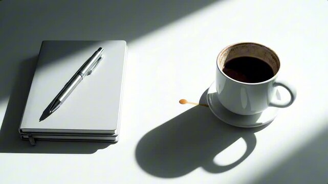 A minimalist overhead view of a notebook and pen casting a shadow next to a white cup of coffee on a white desk under bright sunlight
