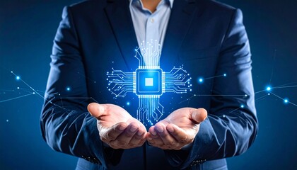 Visionary executive cradles glowing digital network and futuristic microchip, symbolizing innovation and technological advancement in business growth.