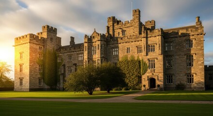 Majestic castle bathed in golden sunlight, a timeless architectural wonder evoking history
