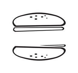 Simple black and white line drawing of a burger, showing the bun, patty, and lettuce.