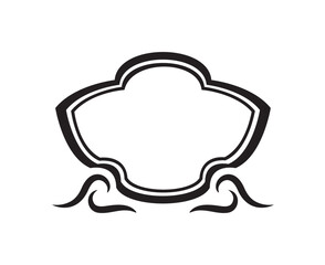 A stylized, ornate, black and white frame with curved edges and decorative flourishes.