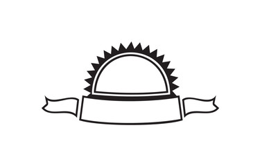 A stylized, black and white emblem featuring a sunburst, banner, and ribbon.