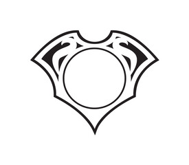 Black and white emblem with a central circle and stylized, symmetrical, shield-like design.
