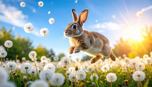 A charming bunny leaps through a dandelion field under a bright sunny sky