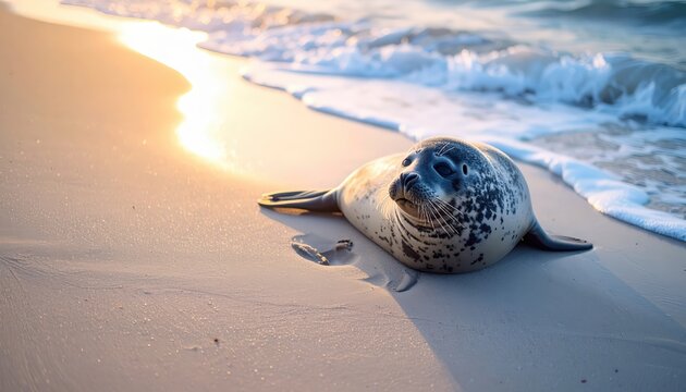 Harbor seal resting peacefully on sandy beach, enjoying the sunset waves