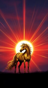 Golden Horse Silhouette Against a Radiant Sunset Sky.