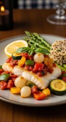 Elegant pan-seared white fish fillet complemented by vibrant mediterranean vegetables and quinoa