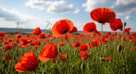 Obraz premium Vibrant red poppy field under a clear blue sky with fluffy white clouds in springtime scenery