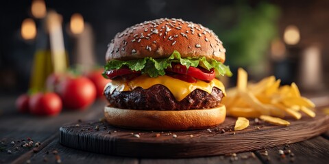 Delicious cheeseburger with fresh vegetables and crispy fries on rustic wooden board ready to be enjoyed