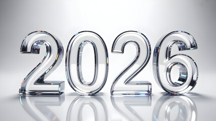 2026 year illustration rendered with transparent glass 3D numbers on a reflective surface representing future events