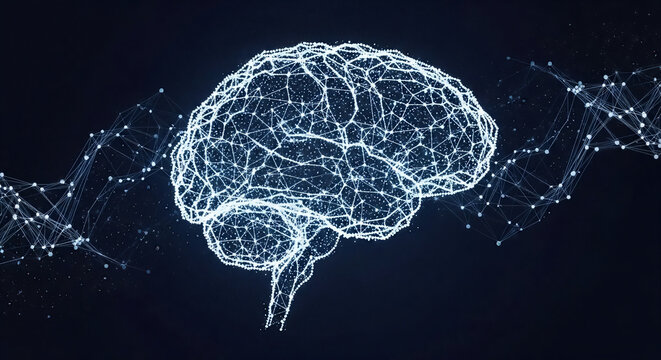 Abstract digital brain made of glowing dots and lines