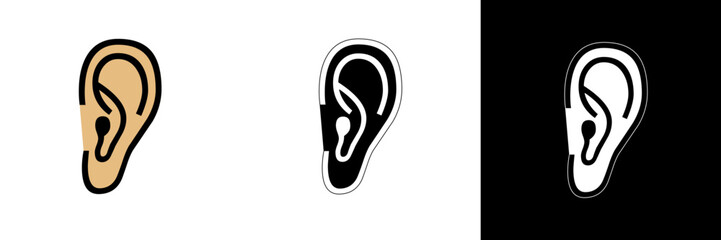 A simple flat vector of a human ear representing hearing or sound awareness. Displayed in color, black, and white versions for accessibility and communication themes.