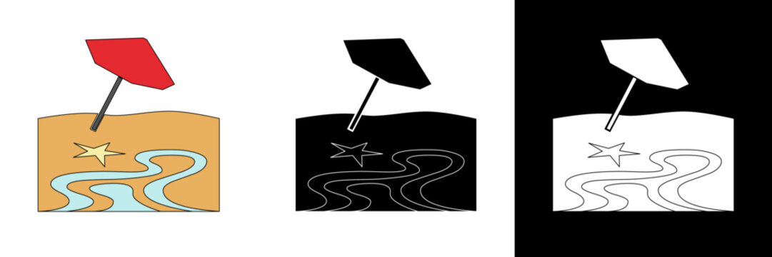 A beach scene with sand, water, and a red umbrella symbolizing relaxation, summer, and vacation. Shown in color, black, and white versions for travel or holiday themes. - Powered by Adobe