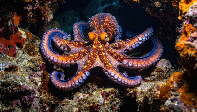 Captivating octopus display of colors in underwater rocky habitat scene - Powered by Adobe