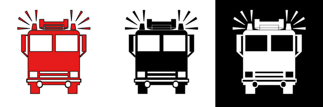 Red fire truck vector with flashing lights on top. Emergency vehicle and rescue service concept. Available in color, black, and white styles for various uses.