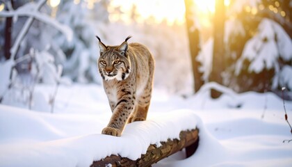 Bobcat strides across a snow-covered log in a peaceful winter forest