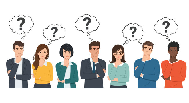 Diverse Group Thinking Question Marks - Flat Vector Illustration