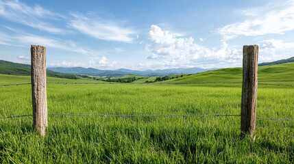 Lush green pasture with wooden fence posts and distant mountains under bright blue sky