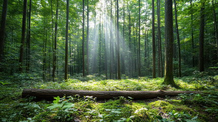 Serene forest scene with sunlight filtering through tall trees, illuminating fallen log