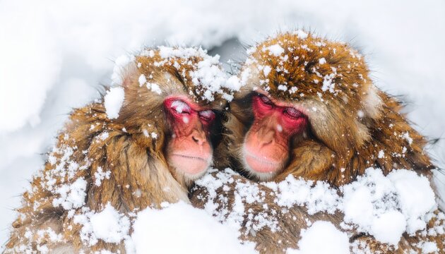 Serene snow monkeys: A close-up portrait of tranquility during winter season