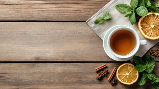 Fresh herbal tea with mint leaves and dried orange slices on rustic wooden table - Powered by Adobe
