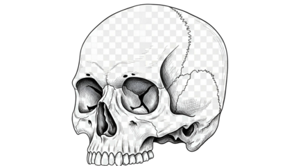 Detailed Black and White Skull Illustration on Transparent Background