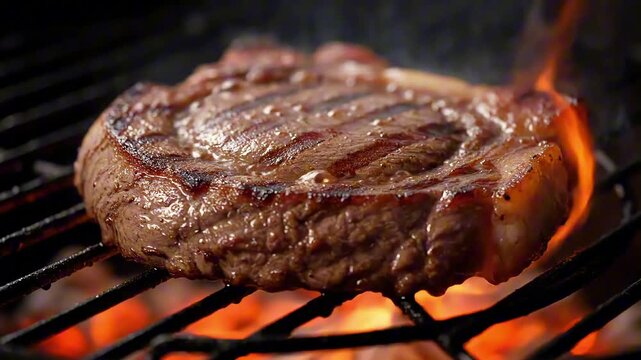Close-up shot of a juicy beef steak sizzling on a hot barbecue grill, with flames and embers visible below