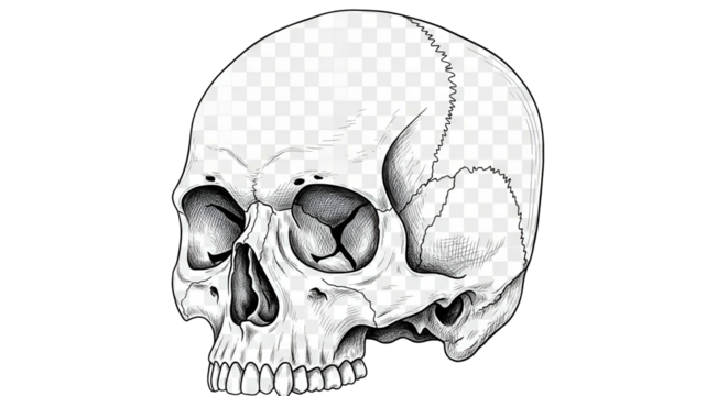 Detailed Black and White Skull Illustration on Transparent Background