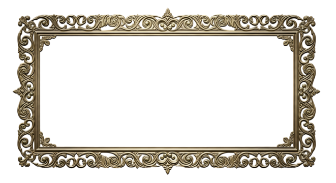 Elegant Ornate Gold Frame with Intricate Carvings on Transparent Background