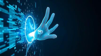 A glowing hand reaching out from a digital portal with binary code and a dark blue background
