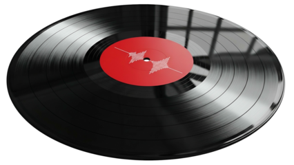 Black Vinyl Record with Red Label and White Abstract Design on Smooth Surface in Studio Setting