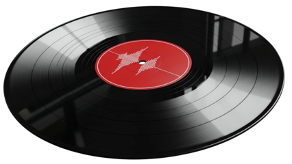 Black Vinyl Record with Red Label on Transparent Background for Music and Audio Projects